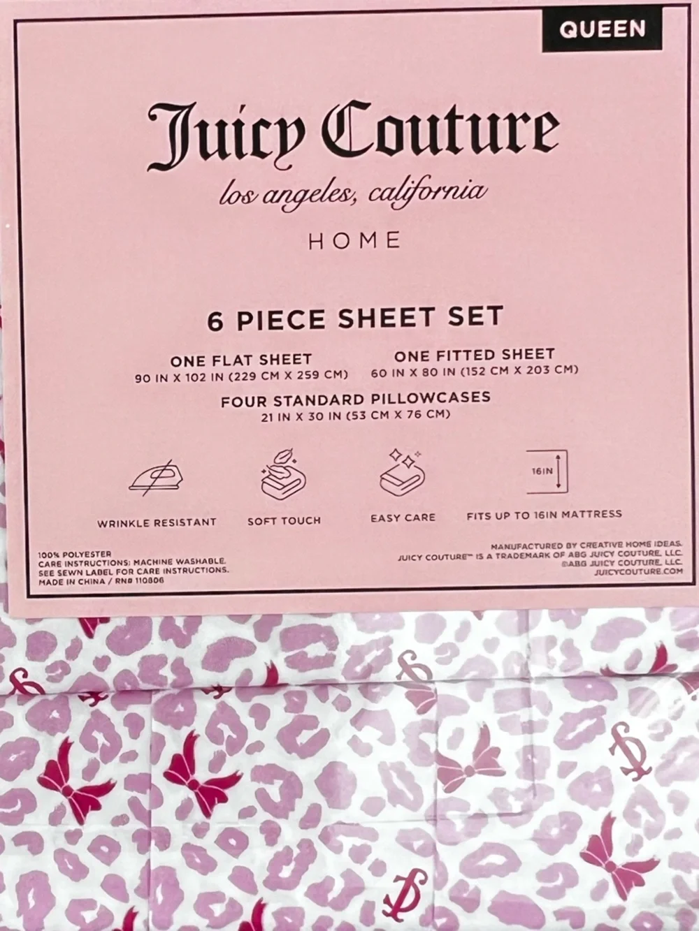 Juicy Couture - ‘Leopard & Bows - pink’ queen size sheet set. NWT. Firm!